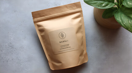 Minimalist kraft pouch packaging with clean label design and green plant accent for modern branding