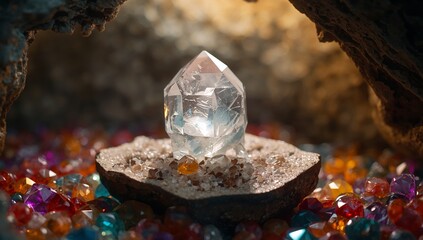 Crystal cave treasure. A clear quartz point illuminated in a hidden gemstone grotto.