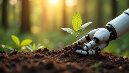 Futuristic robotic hand plants sapling in rich soil, symbolizing harmony between technology and nature. This image represents innovation in environmentalism, progress, and sustainable agriculture.