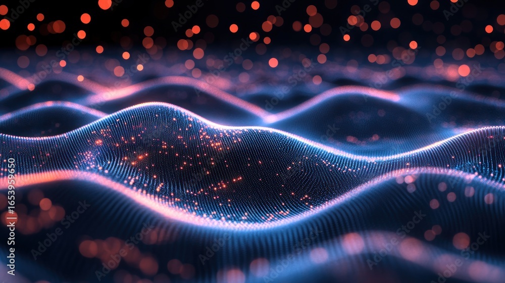 Poster abstract digital waves, composed of glowing particles, creating a mesmerizing visual effect with vib