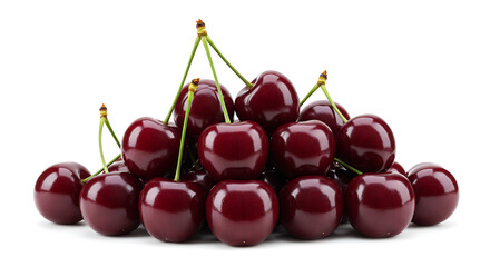A pile of ripe, dark red cherries with green stems on a white background, showcasing their fresh, juicy texture and vibrant color, perfect for a healthy snack or ingredient.