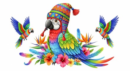Fototapeta premium Colorful parrots with winter hat surrounded by tropical flowers creates a whimsical illustration