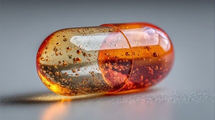 Close up of a transparent orange capsule with bubbles inside it on gray surface