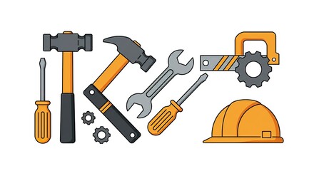 Vector illustration of a hammer and essential hand tools isolated on white background, metal construction equipment set including wrench, saw, and screwdriver for carpentry and repair design