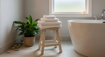 White towels on stool in modern bathroom
