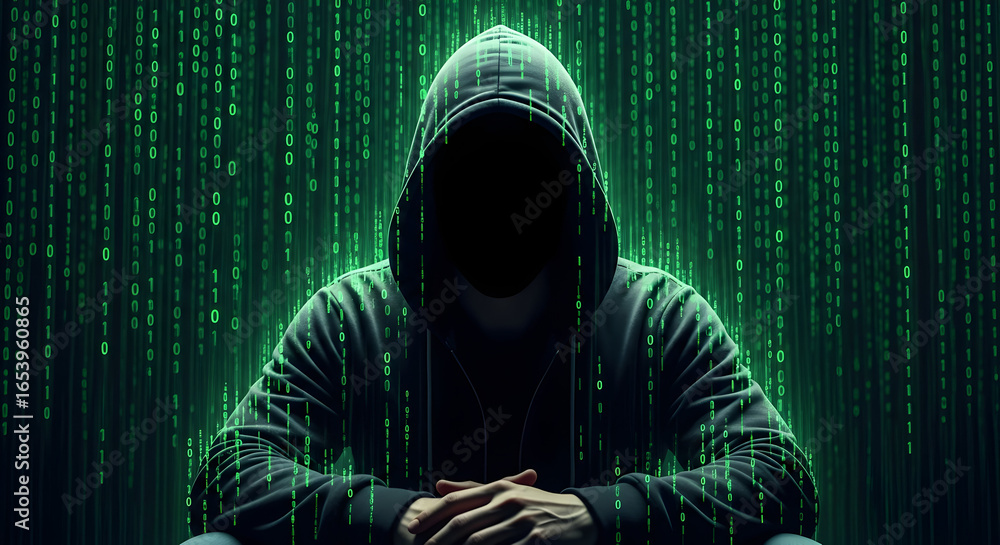 Poster silhouette of a hooded figure with obscured face, set against a backdrop of digital code, symbolizin