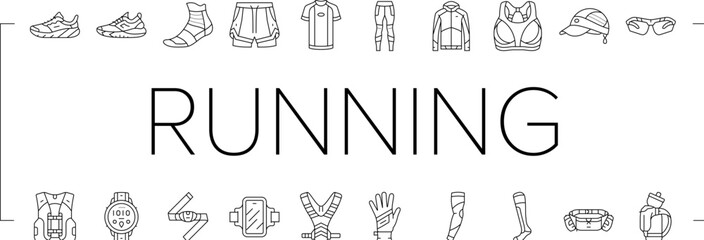 running accessories shoes watch icons set vector