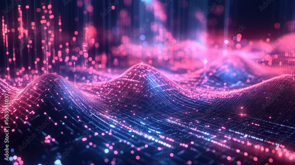 Poster a dynamic, abstract representation of data flowing and undulating, with vibrant pink and blue glowin