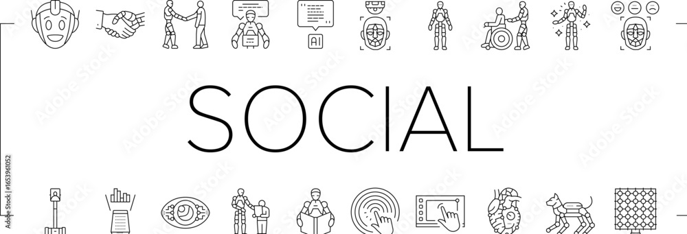 Poster social robotics ai interaction icons set vector