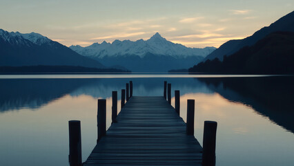 Fototapeta premium Serene sunrise view of wooden dock leading into a still reflective lake surrounded by forested mountains. 