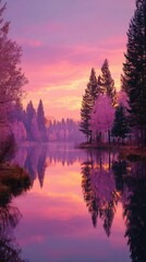 Serene, vibrant sunrise over a tranquil lake, reflected in the water. Pink hues dominate the sky and trees