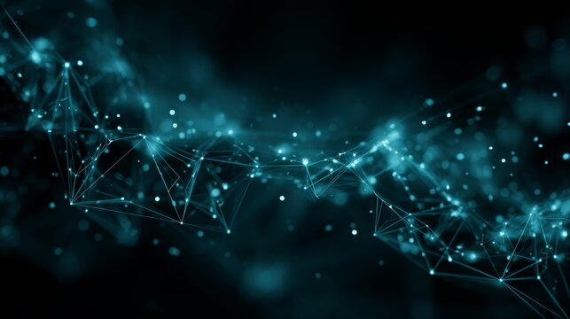 Abstract futuristic digital background with glowing dots and connecting lines, dark wide screen cyber technology design for network connection, artificial intelligence, blockchain, data visualization,