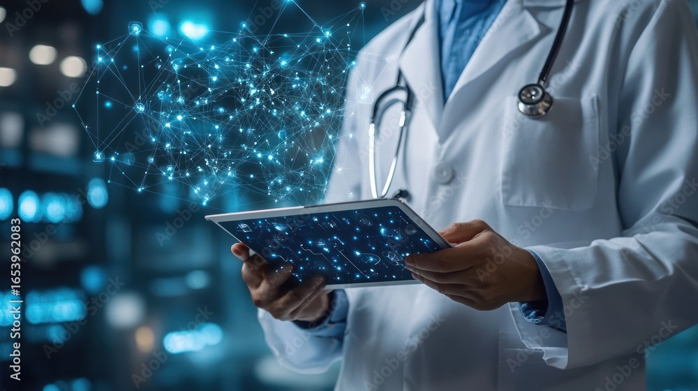 Fototapete a medical professional examines a tablet displaying a complex network of interconnected data points,