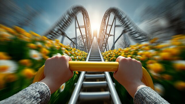 Person is riding a roller coaster with a yellow handlebar. The roller coaster is surrounded by a field of yellow flowers