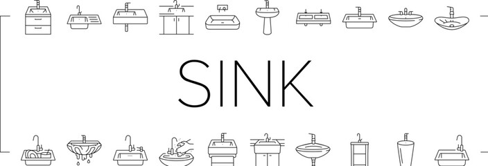 sink porcelain drain faucet icons set vector