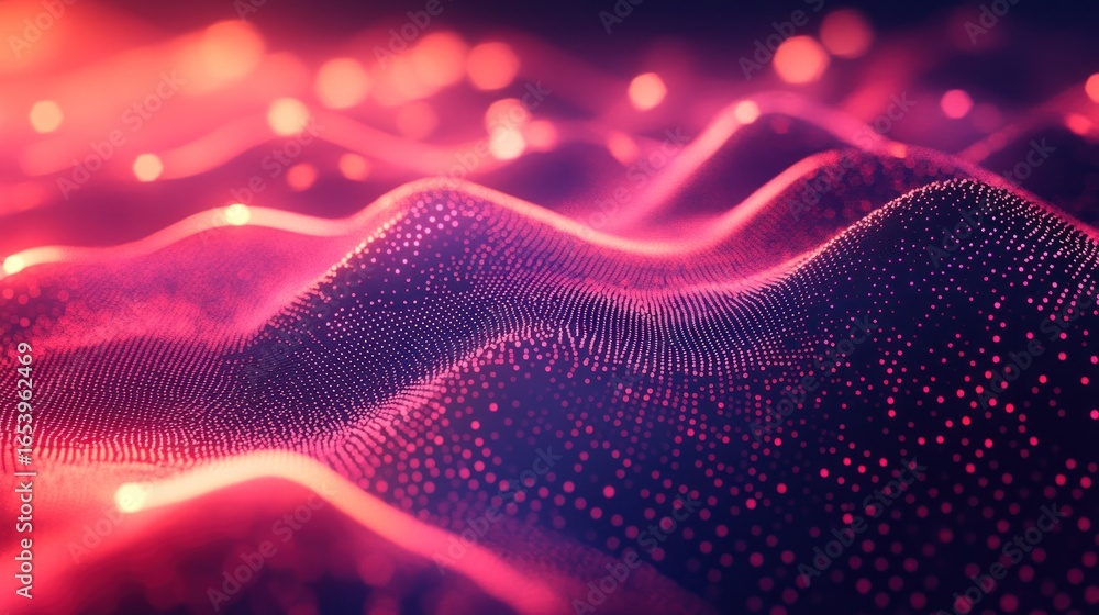 Poster a captivating display of undulating, glowing, crimson-toned shapes composed of dots, showcasing a dy