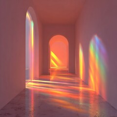 A pastel-toned hallway with arched windows, vibrant light