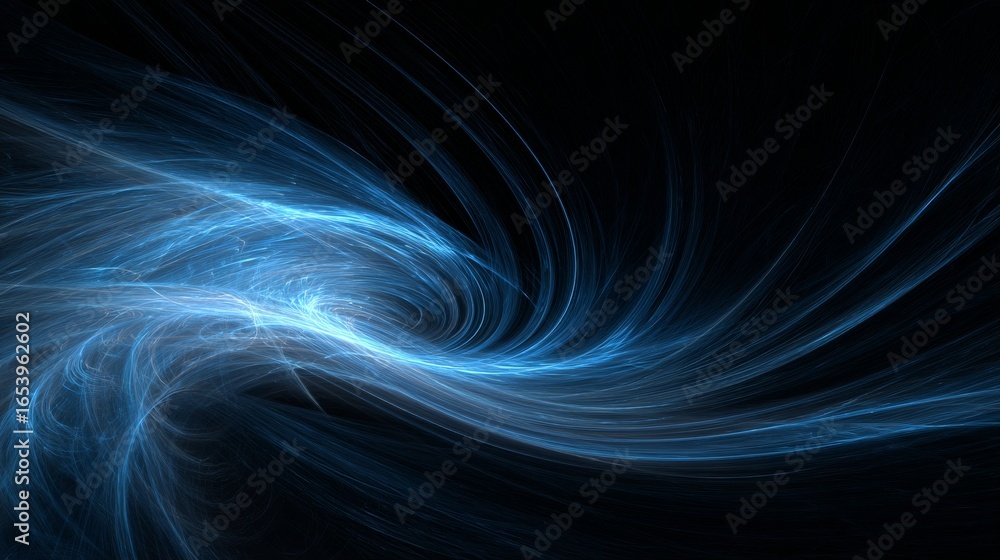 Poster abstract futuristic blue fractal background with glowing dynamic curves and blurred wave patterns on