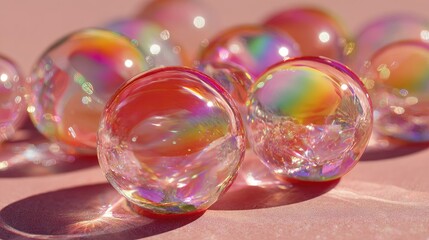 Close-up of iridescent spheres on pink surface