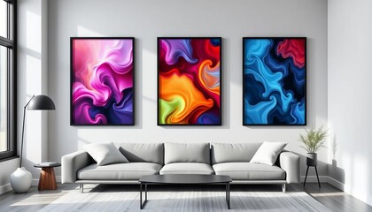 Sleek, minimalist living room with three mockup poster frames on a light gray wall,  home decor,   clean