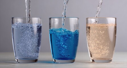 Water pouring into colored glasses