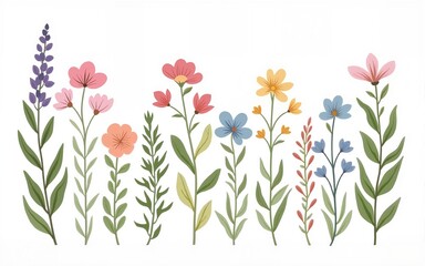 Vector illustration of pastel floral stems with leaves and flowers. Art of plants for botanical prints or children designs. Drawing of herbs for wedding invitations or baby shower greeting cards.