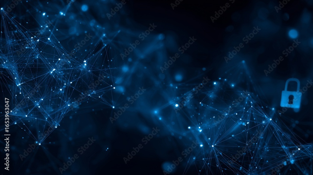 Poster abstract futuristic visualization of cybersecurity technology with glowing polygons, connected dots,