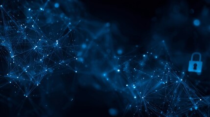 Abstract futuristic visualization of cybersecurity technology with glowing polygons, connected dots, and dynamic digital lines on dark blue background representing internet network security and data p