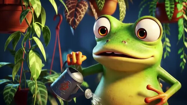 A vibrant green frog watering indoor plants in a lush environment, showcasing gardening care