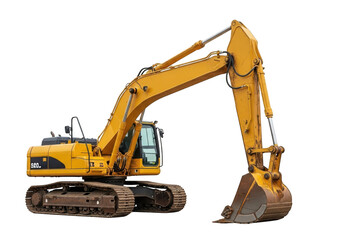 Heavy yellow excavator machine isolated on transparent background