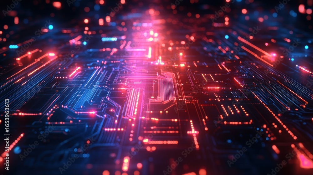 Aufkleber a detailed and vibrant circuit board design showcases a network of glowing lines and points of light