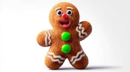 Gingerbread man with green eyes and a red nose is smiling. The image is of a gingerbread man, and it is a cute and cheerful scene