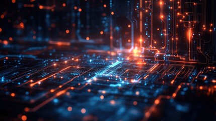 A complex circuit board design, highlighted with vibrant orange and blue lights, showcases a technological future.