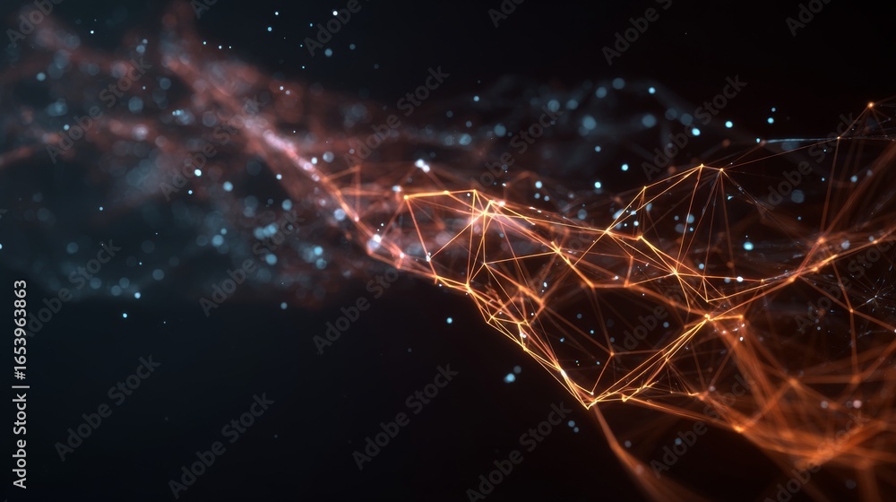 Poster abstract digital plexus technology background with glowing low polygon lines and connecting dots, fu