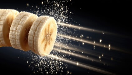 Banana slices explode with golden light