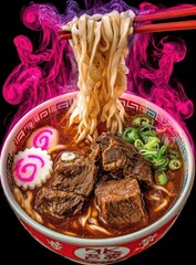 Steaming bowl of beef ramen