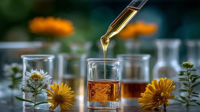 Liquid pouring into glass with flowers and plants