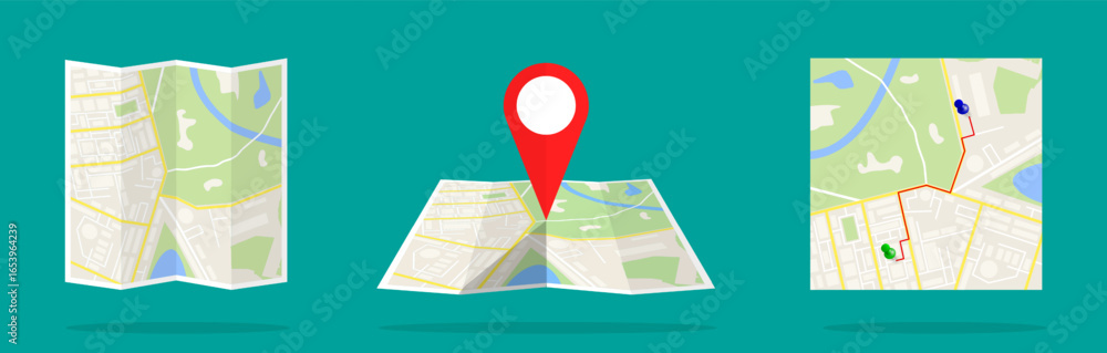 Poster paper map set with location pins and route. navigation and travel guide concept. modern flat style f
