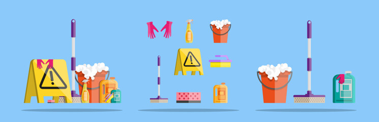 Cleaning supplies kit vector flat style illustration set for housekeeping, hygiene, and domestic chores concept. © absent84
