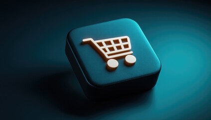 Glowing shopping cart icon on dark blue square