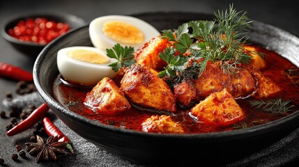 Fototapeta premium Doro Wat, Ethiopia’s signature dish, is a rich, spicy chicken stew simmered with berbere spices, onions, and clarified butter, often served with hard-boiled eggs and injera.