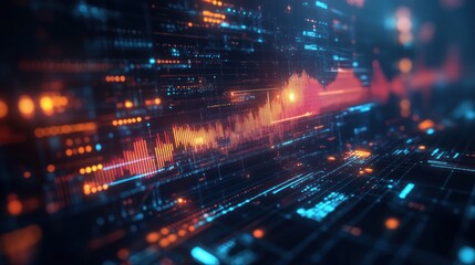 Obraz premium A dynamic display of glowing data streams and patterns, showcasing a futuristic, technological interface with orange and blue highlights.