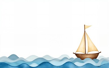 Ship is sailing on the waves for baby. Watercolor illustration of nautical seamless border for childish design. Pattern with little sailboat in pastel blue and beige colors. Frame for kids banner.
