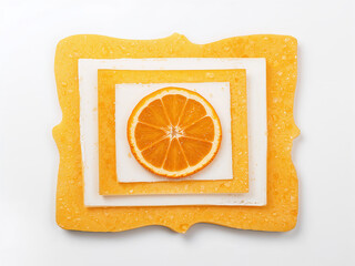 Orange slice layered on textured yellow frames citrus
