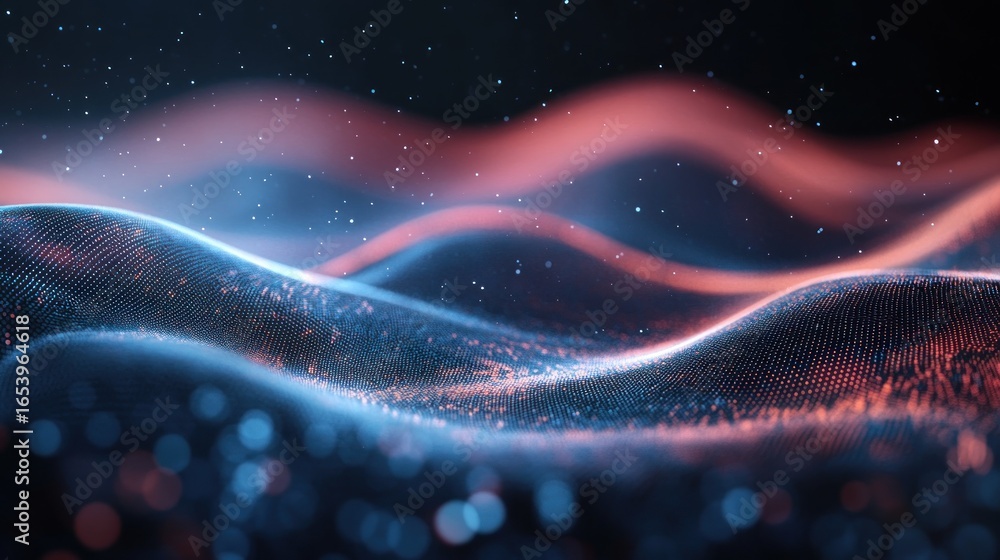 Poster abstract digital waves of vibrant blue and pink particles against a dark background display dynamic 