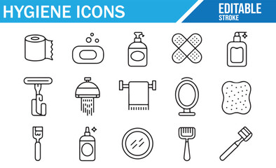 Icons for Hygiene and Personal Care Products Including Toothpaste, Soap, and More