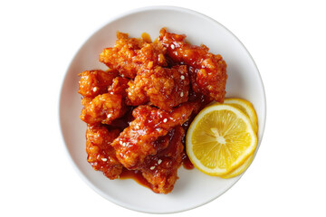 Crispy, saucy chicken pieces on a white plate with lemon slices