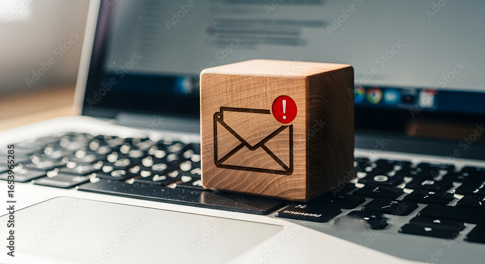 Poster a wooden block with an email icon and notification on a laptop keyboard, representing digital commun