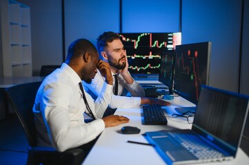 Stressed business mans crypto trader broker investors analyzing stock exchange market crypto trading