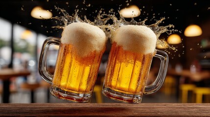 Two glasses of beer are shown in mid-air, with foam spilling out of them. Concept of fun and enjoyment, as if the two glasses are celebrating a special occasion or simply having a good time